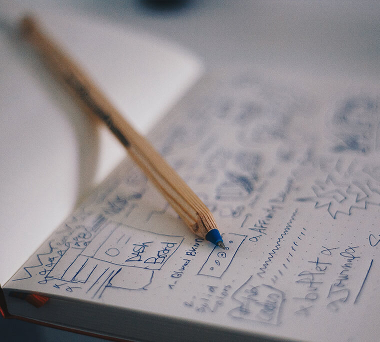 Pencil on notepad filled with wireframes