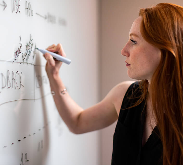 Woman writing on a whiteboard in business clothes