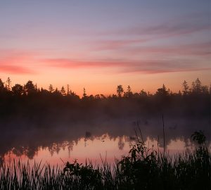 pink and purple sunset over lake