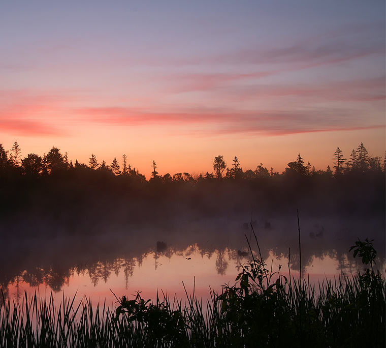 pink and purple sunset over lake