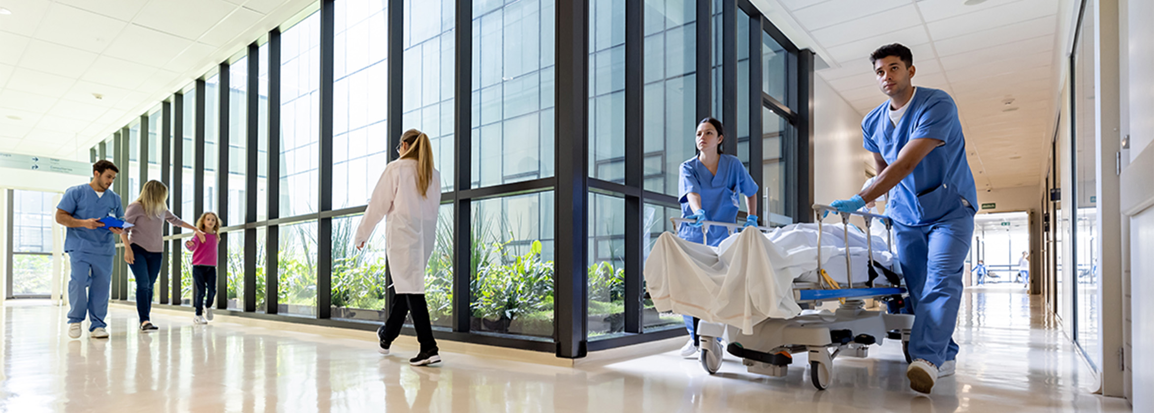 Doctors assisting patients at the hospital and carrying one on a gurney.
