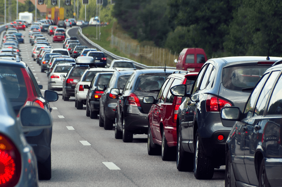 Cars on road stuck in traffic jam