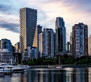 Condo towers near a marina in Vancouver