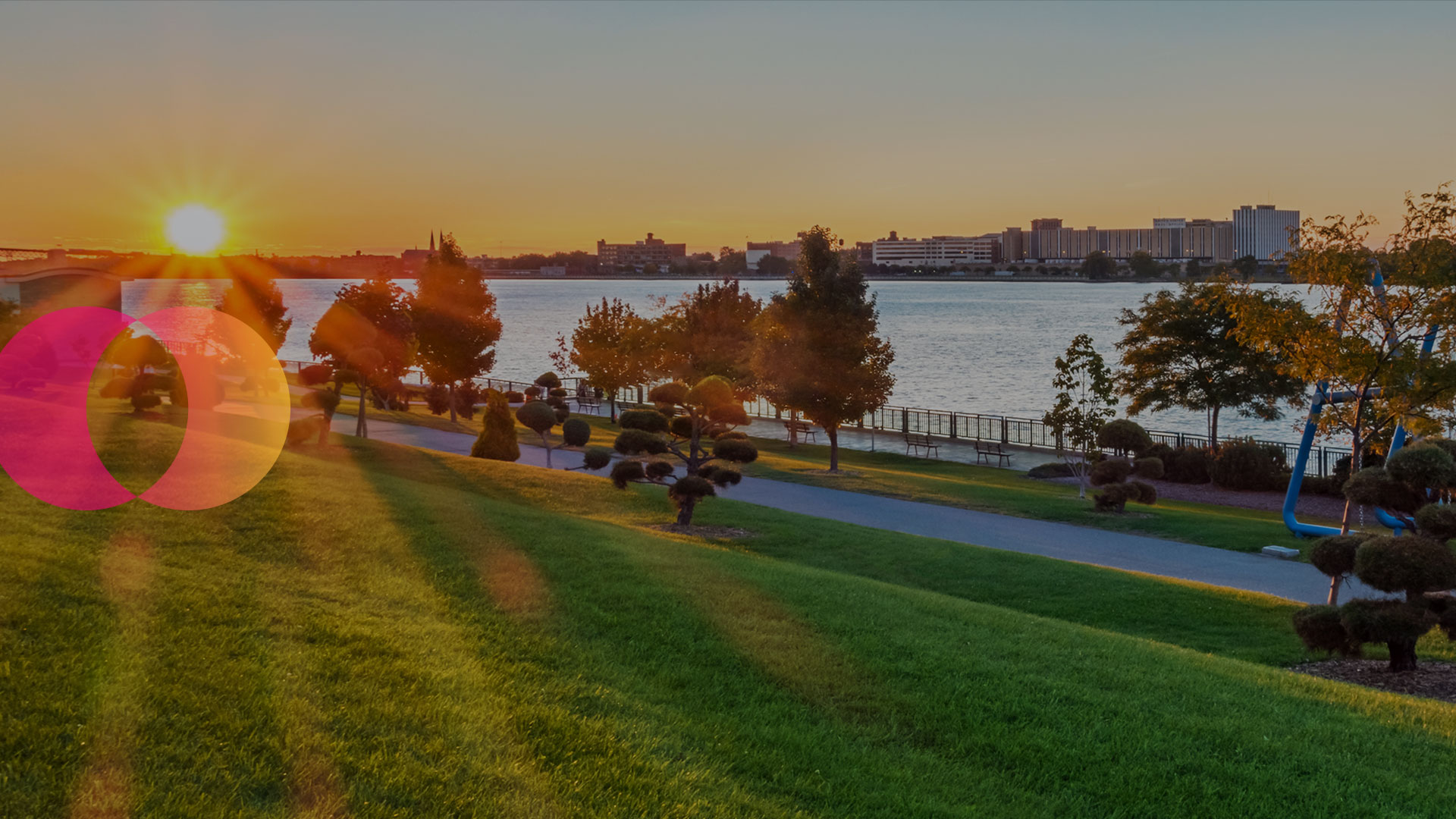 Riverfront Trail at sunset in Windsor, Ontario.