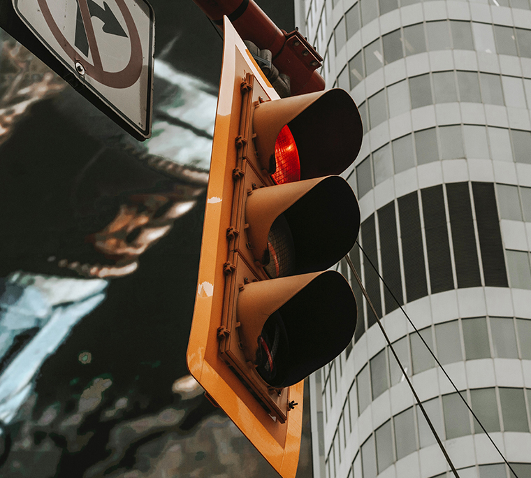 red traffic light in urban setting