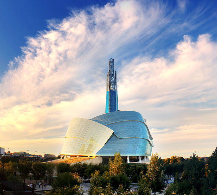 Winnipeg skyline as seen from The Forks. The Human Rights Museum is on the right.