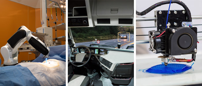 Three images showing a surgical robot, a self-driving truck, and a 3d printer
