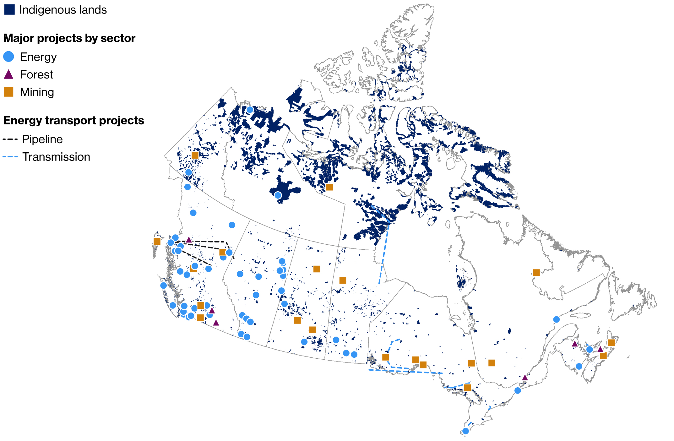 A map of Canada displaying the location of 104 major infrastructure projects overlaid on Indigenous lands. Projects are categorized by sector: energy, forest, and mining. Black lines represent pipelines and grey lines represent energy transmission routes. The map shows high concentrations of projects in British Columbia, Alberta, Ontario, and Quebec, with several crossing or adjacent to Indigenous lands. A scale bar in kilometers is included at the bottom.