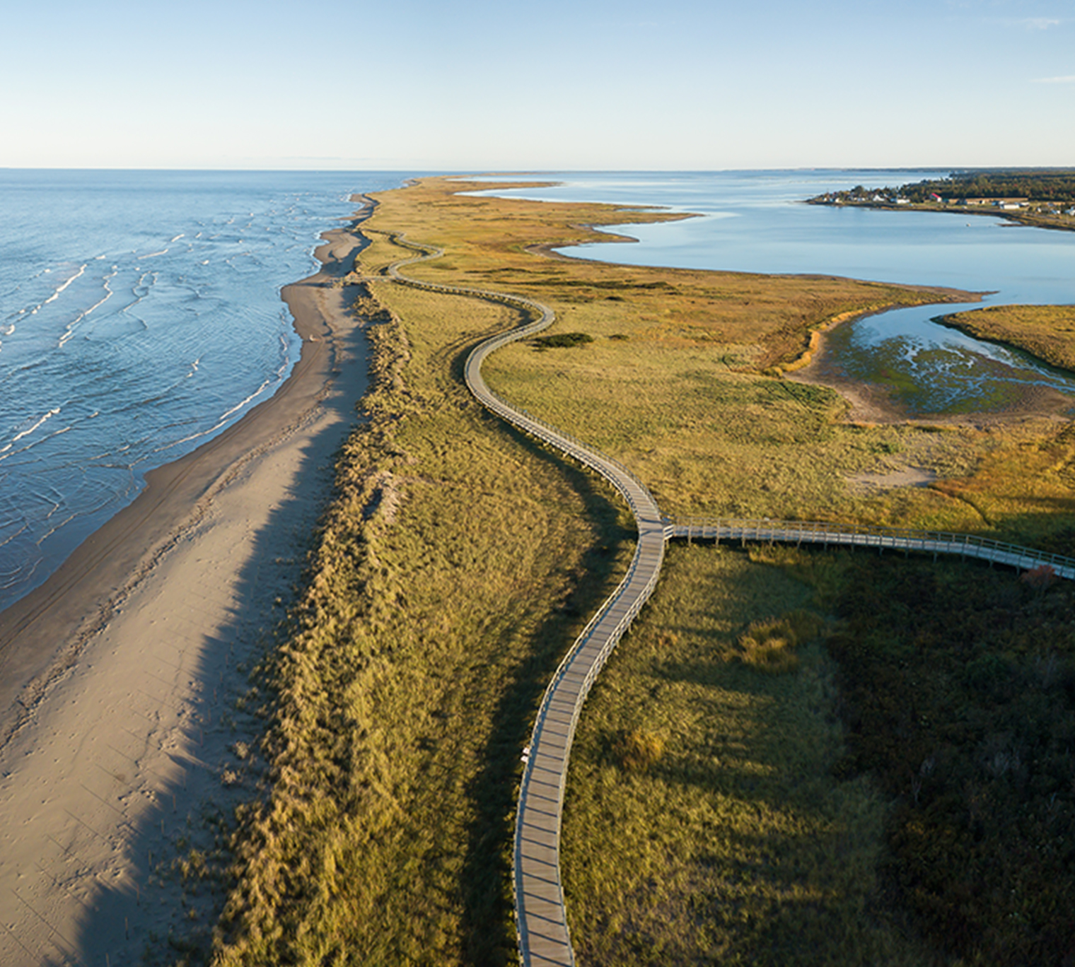 Aerial panoramic view of sandy beach on the Atlantic Ocean Coast. La Dune de Bouctouche, New Brunswick, Canada.