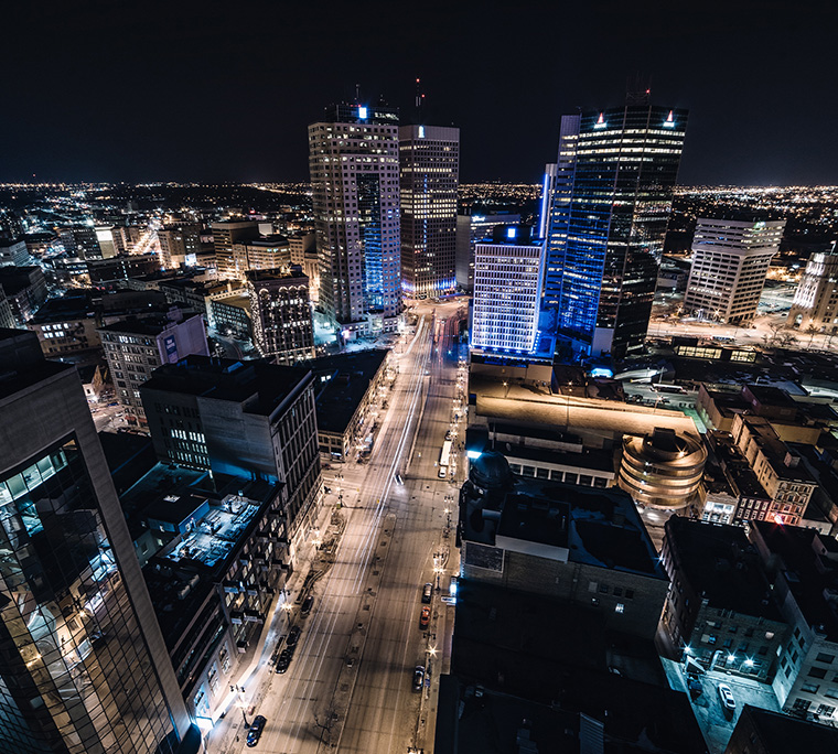 Ariel view of the city at night