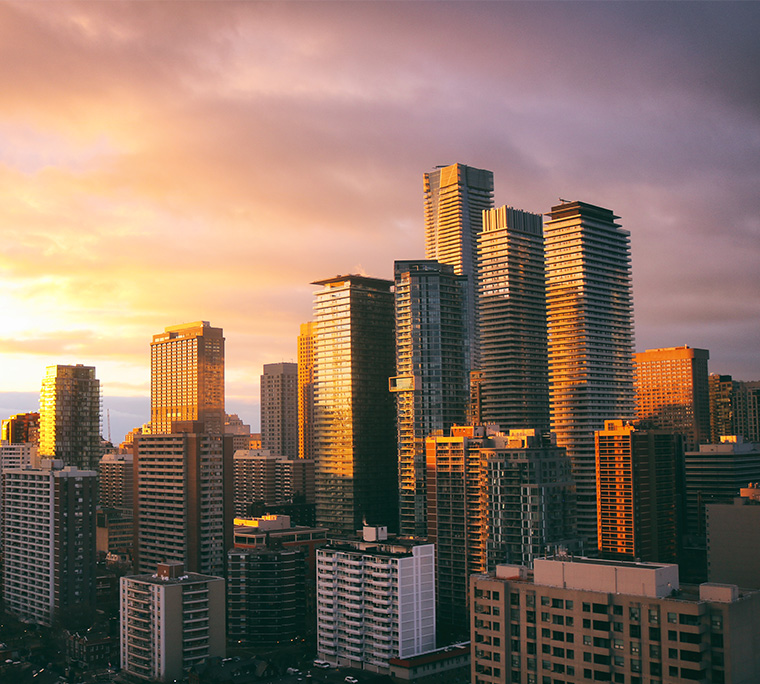 Toronto's futuristic cityscape during a marvelous sunset with skies painted with amazing palette of colours.