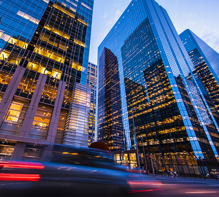 glass buildings with reflections in the financial district of toronto