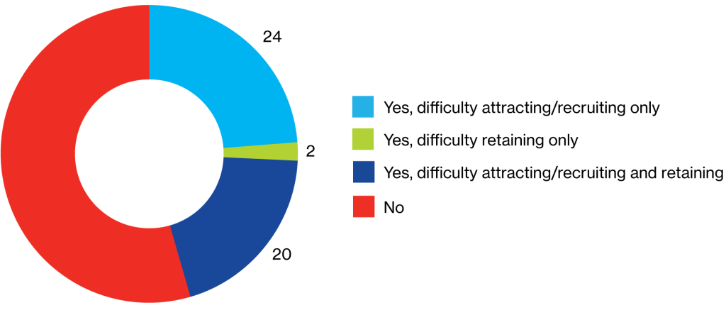 Pie chart showing organizations having difficulty attracting/recruiting or retaining talent with particular skills